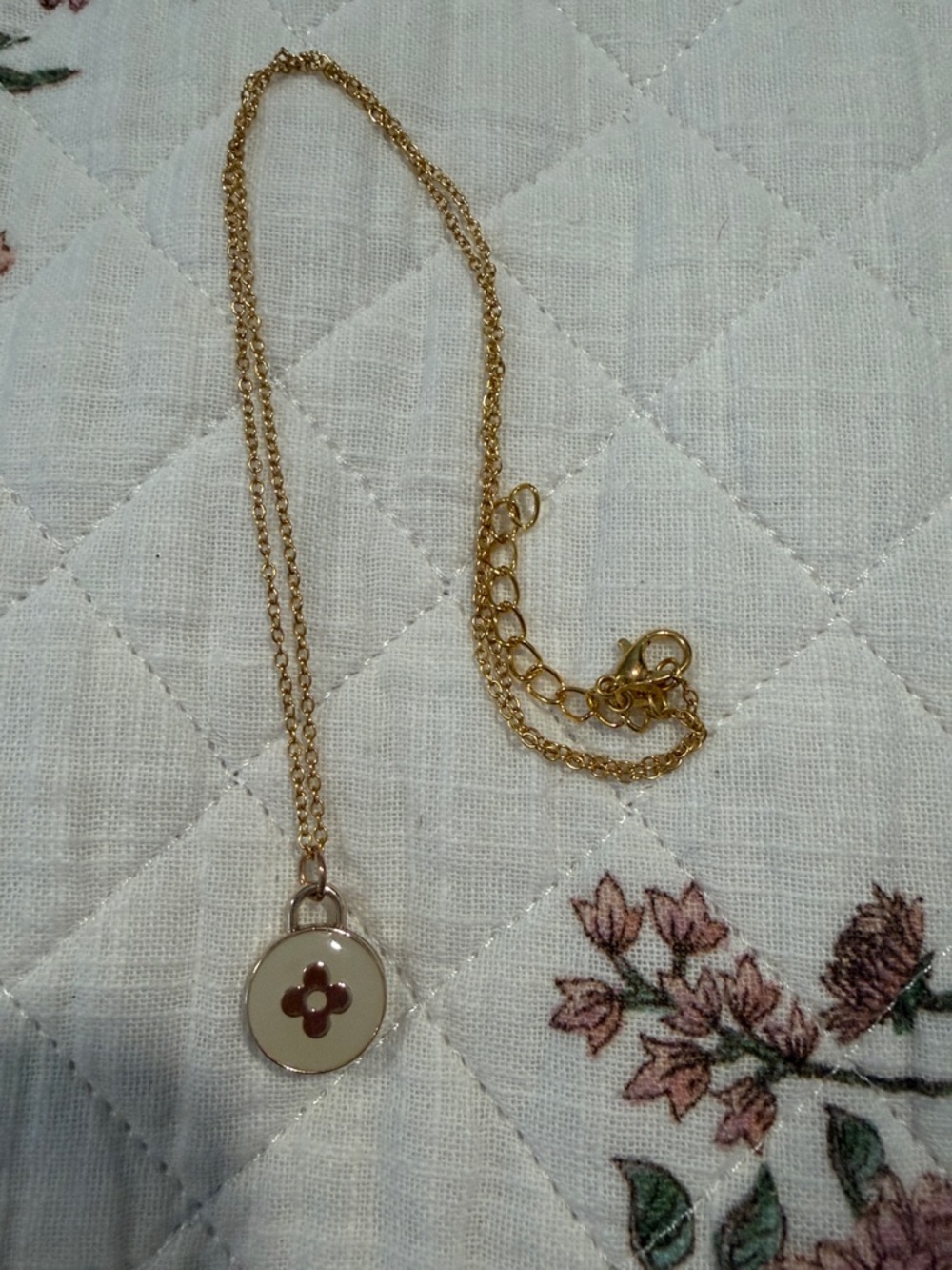 Gold-Tone Pendant Necklace with Ivory and Brown Flower Accent LV up cycled